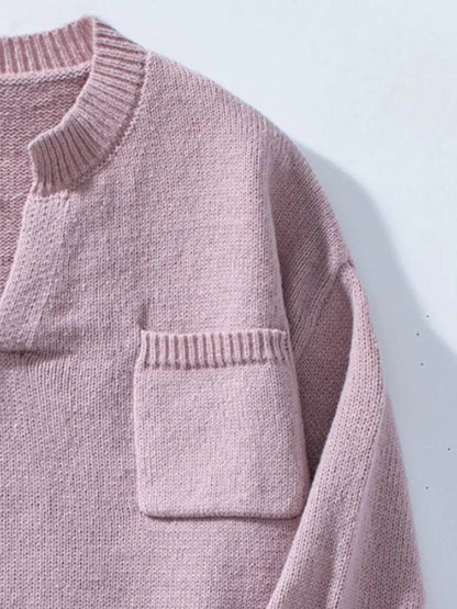 Pocketed Notched Long Sleeve Knitted Sweaters - IVORYNN