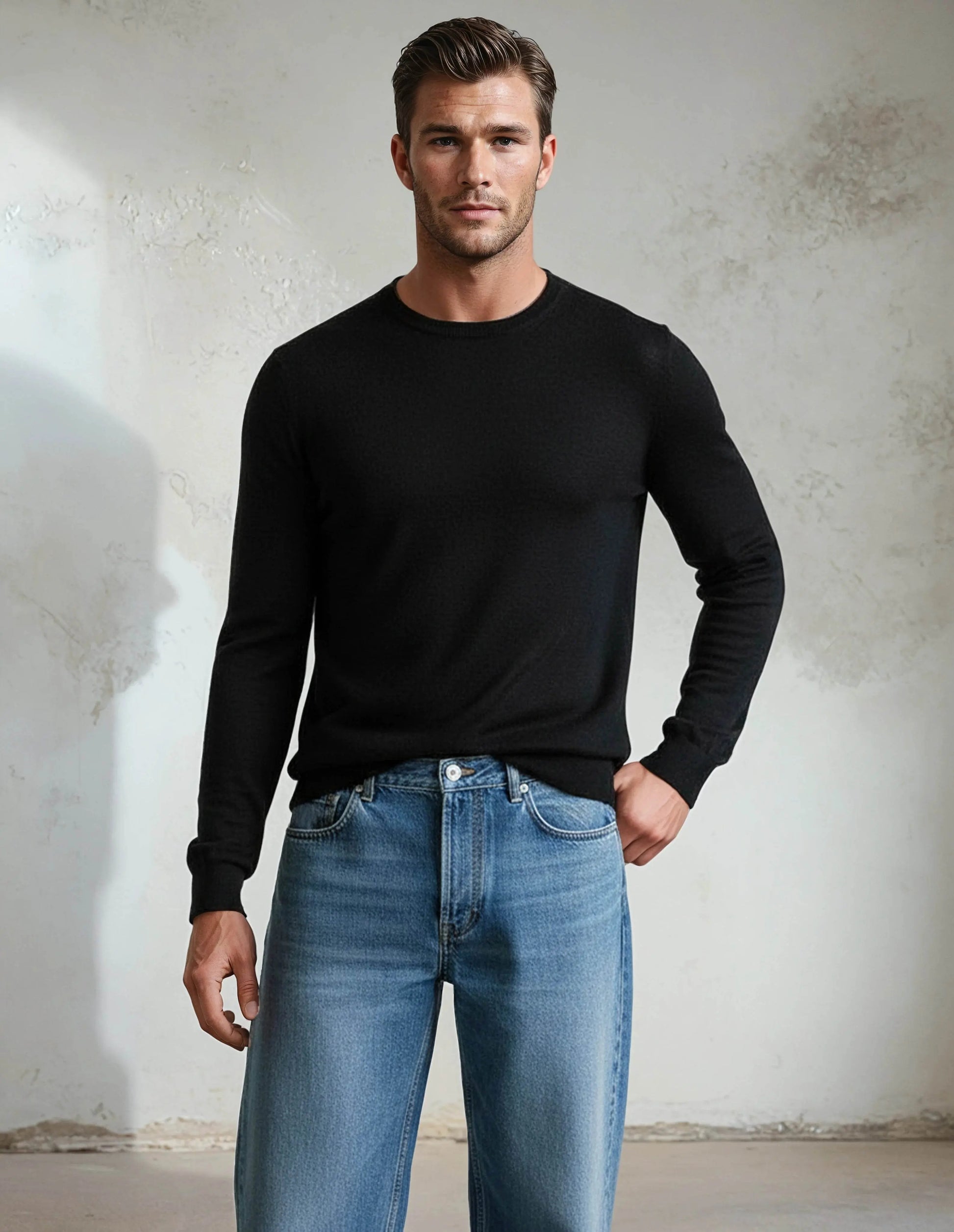 Premium Extra Fine Merino Wool Black Sweater - IVORYNN