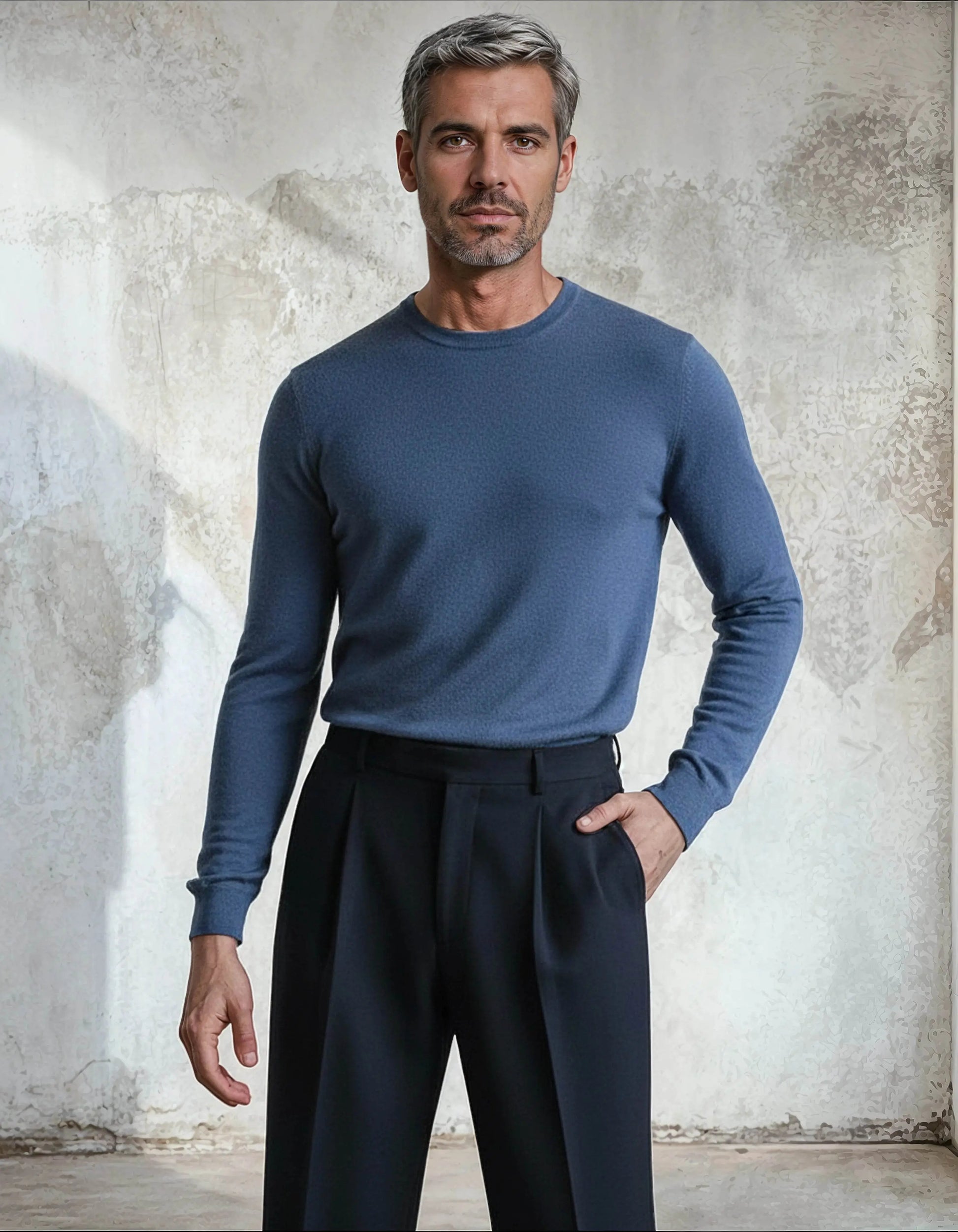 Premium Extra Fine Merino Wool Denim Blue Sweater - IVORYNN