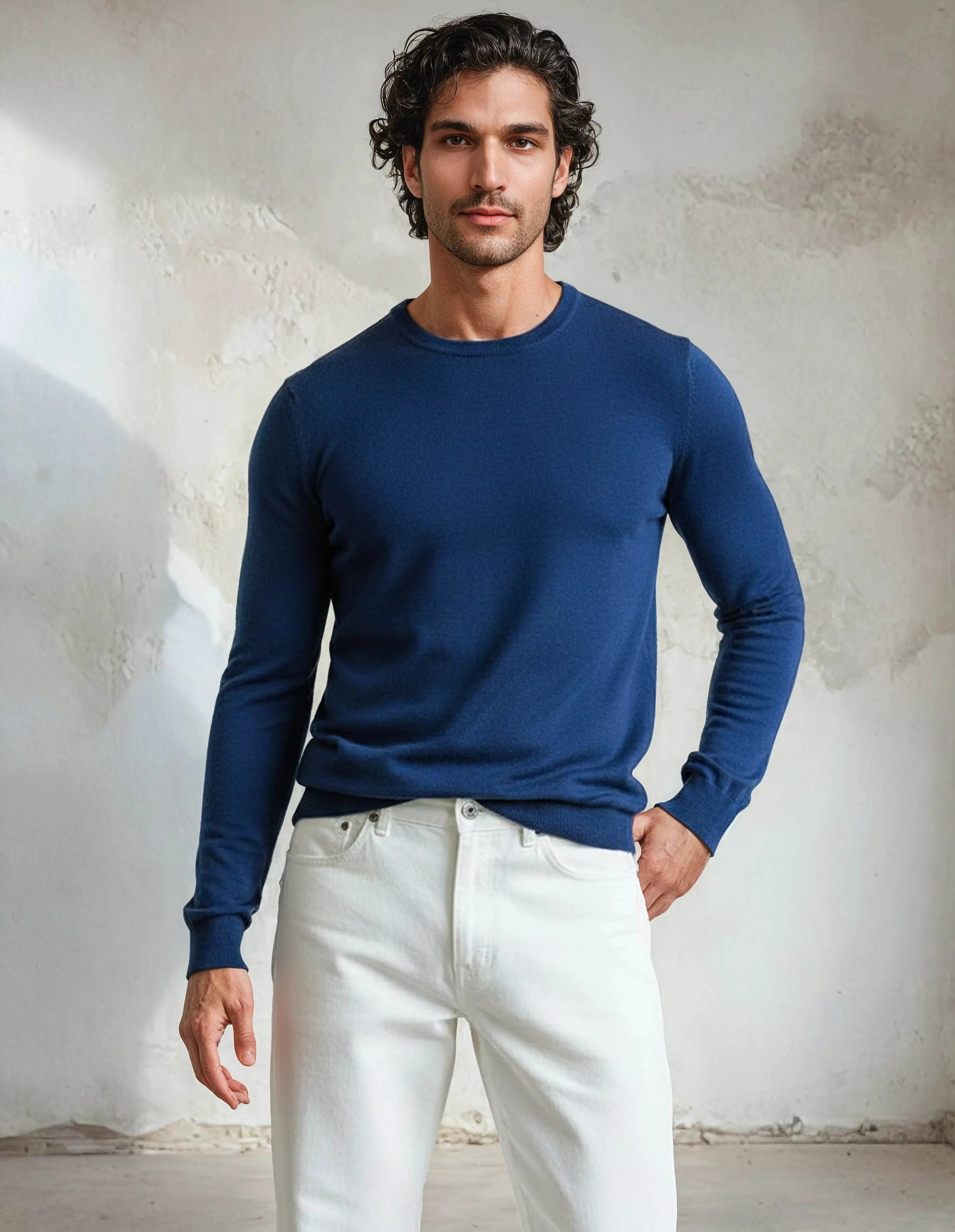 Premium Extra Fine Merino Wool Indigo Blue Sweater - IVORYNN