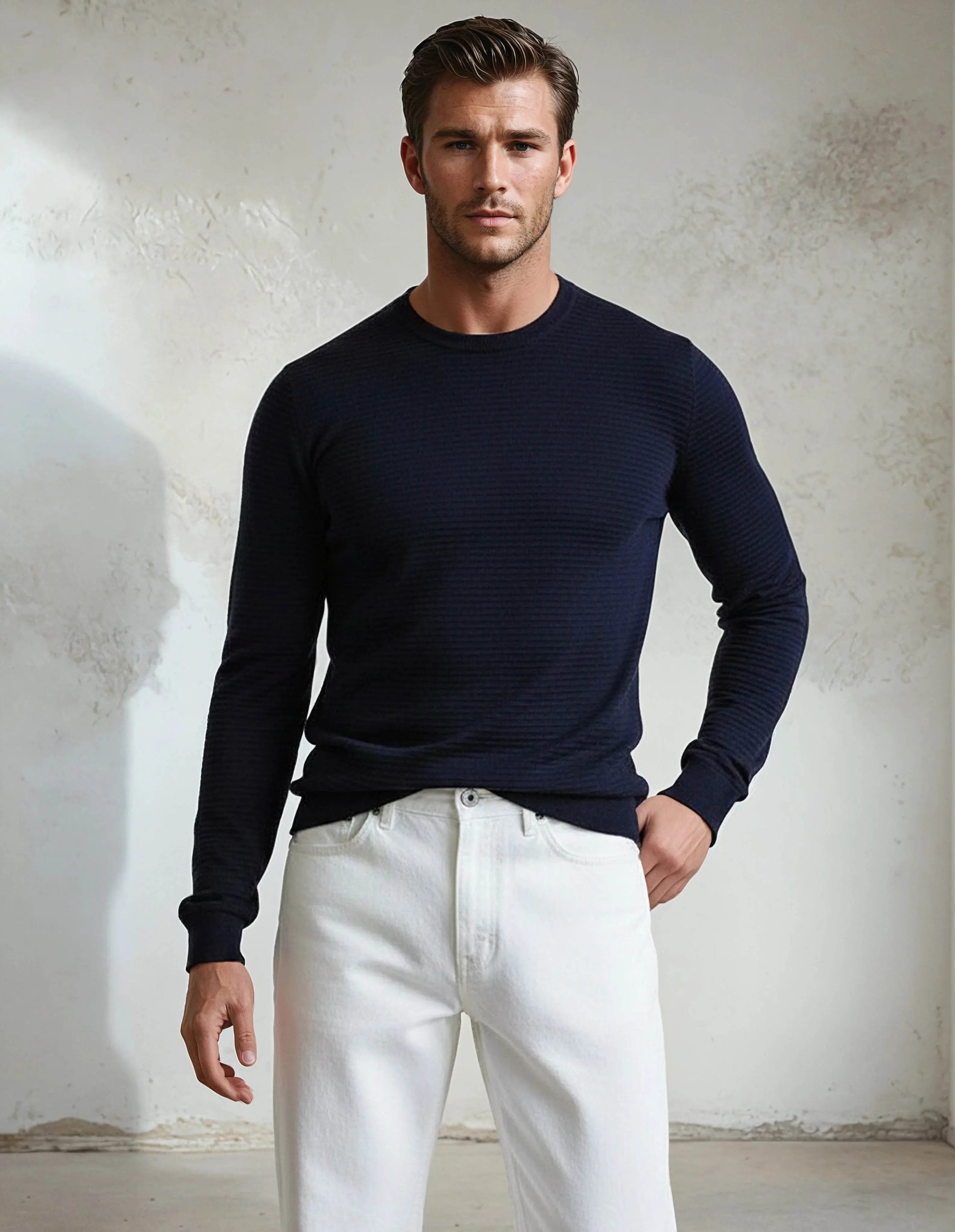 Premium Extra Fine Merino Wool Navy Sweater - IVORYNN