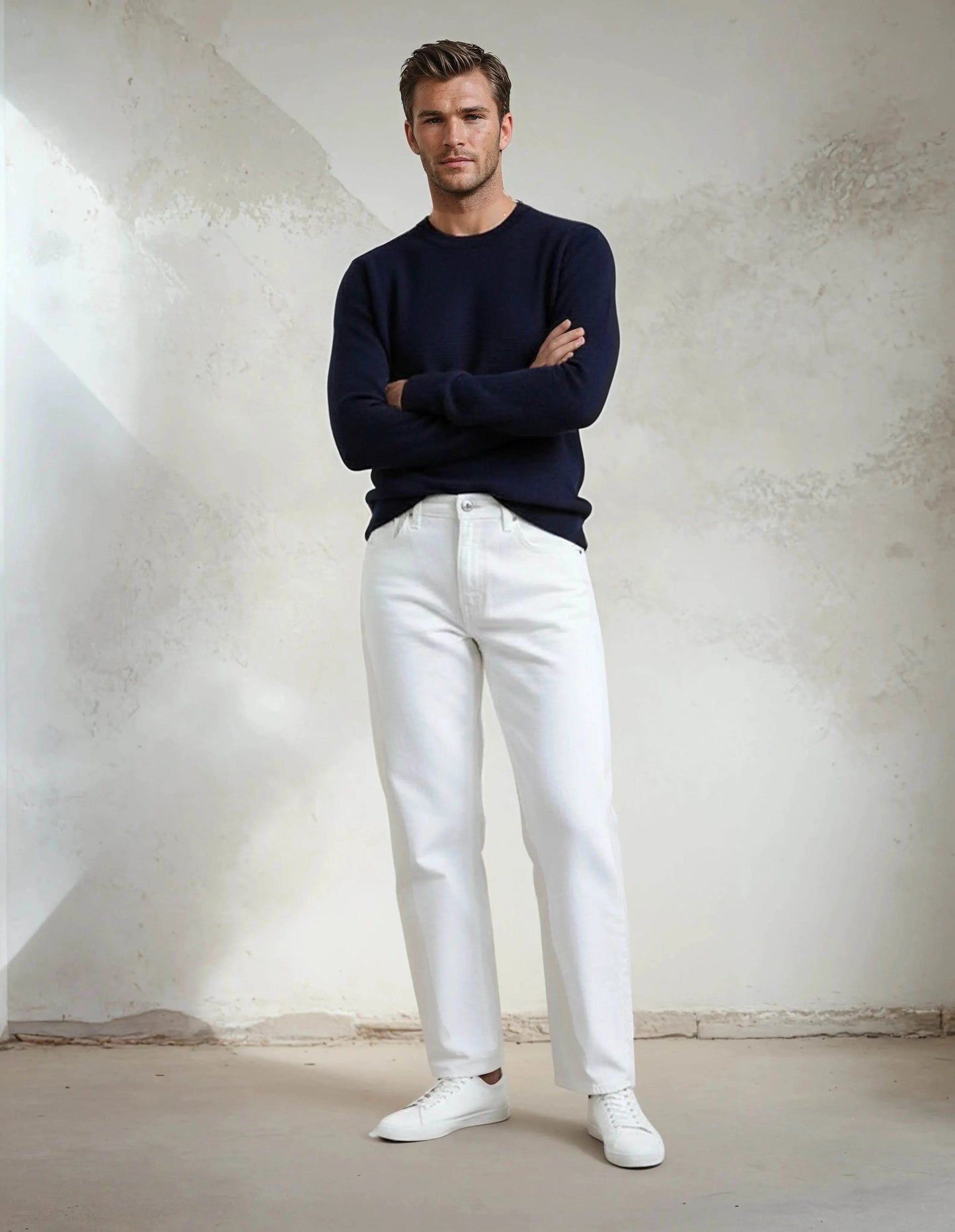 Premium Extra Fine Merino Wool Navy Sweater - IVORYNN