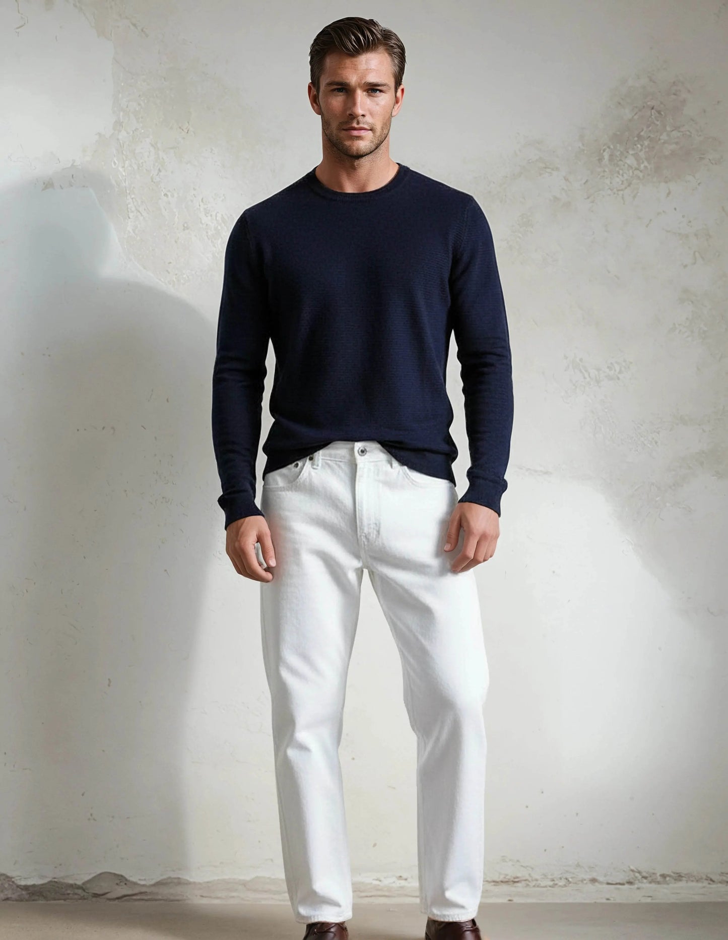 Premium Extra Fine Merino Wool Navy Sweater - IVORYNN