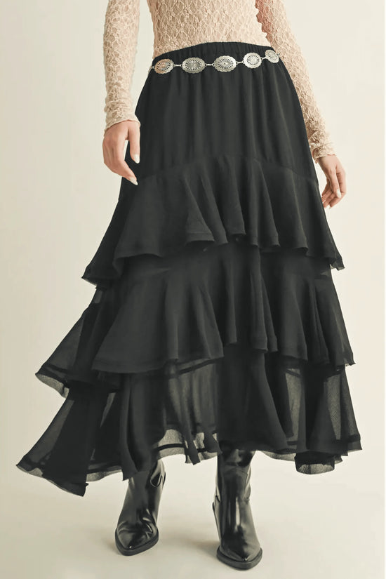 Pull On Ruffle Tiered Black Skirt - IVORYNN