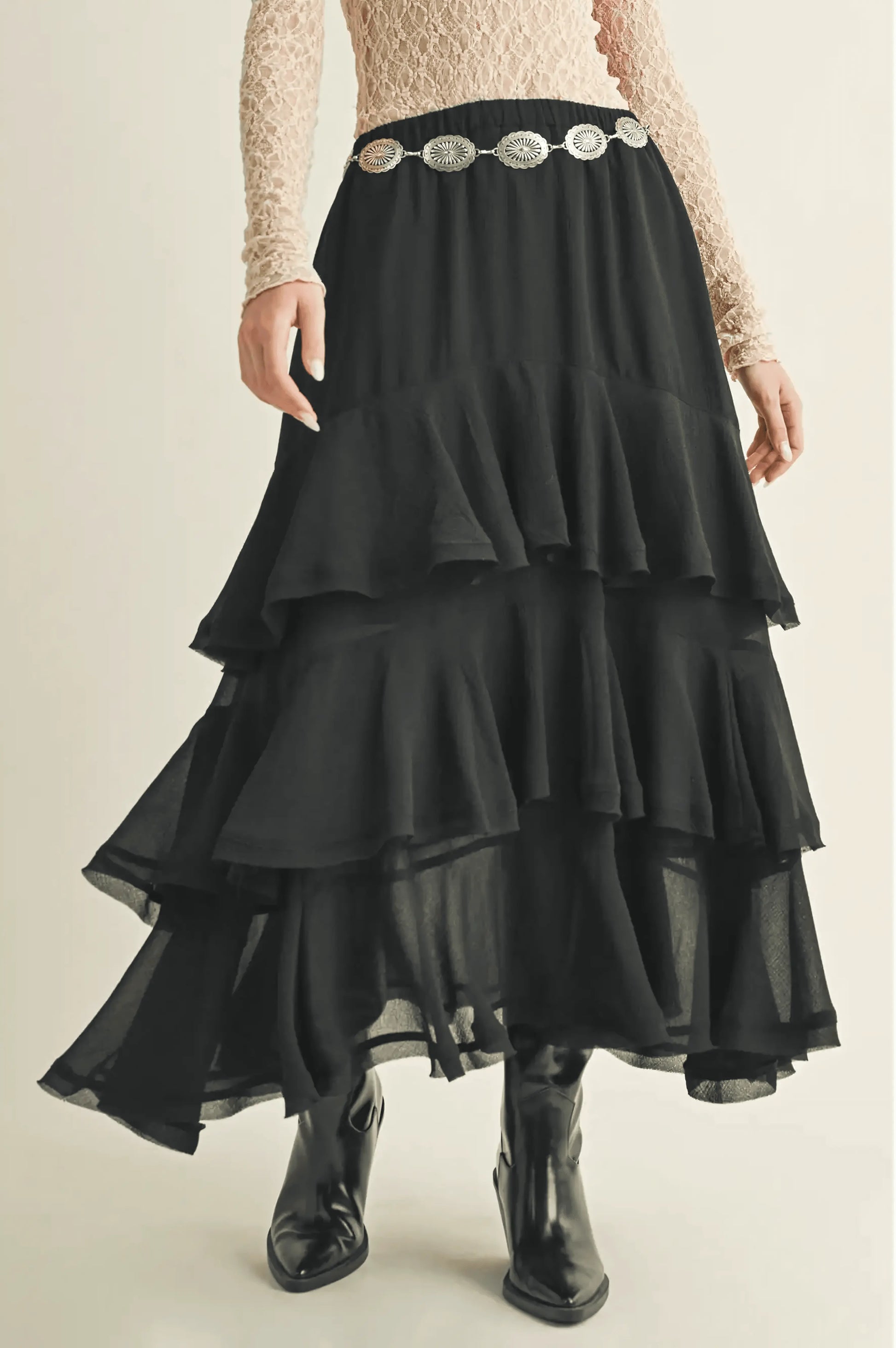 Pull On Ruffle Tiered Black Skirt - IVORYNN