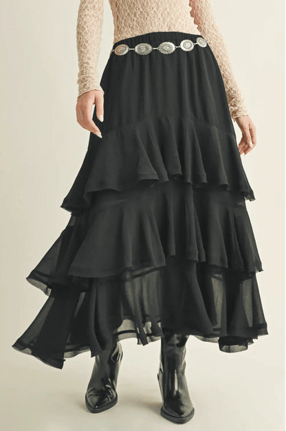 Pull On Ruffle Tiered Black Skirt - IVORYNN