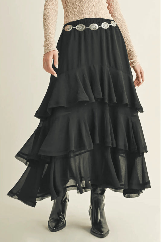 Pull On Ruffle Tiered Black Skirt