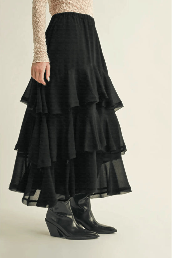 Pull On Ruffle Tiered Black Skirt - IVORYNN