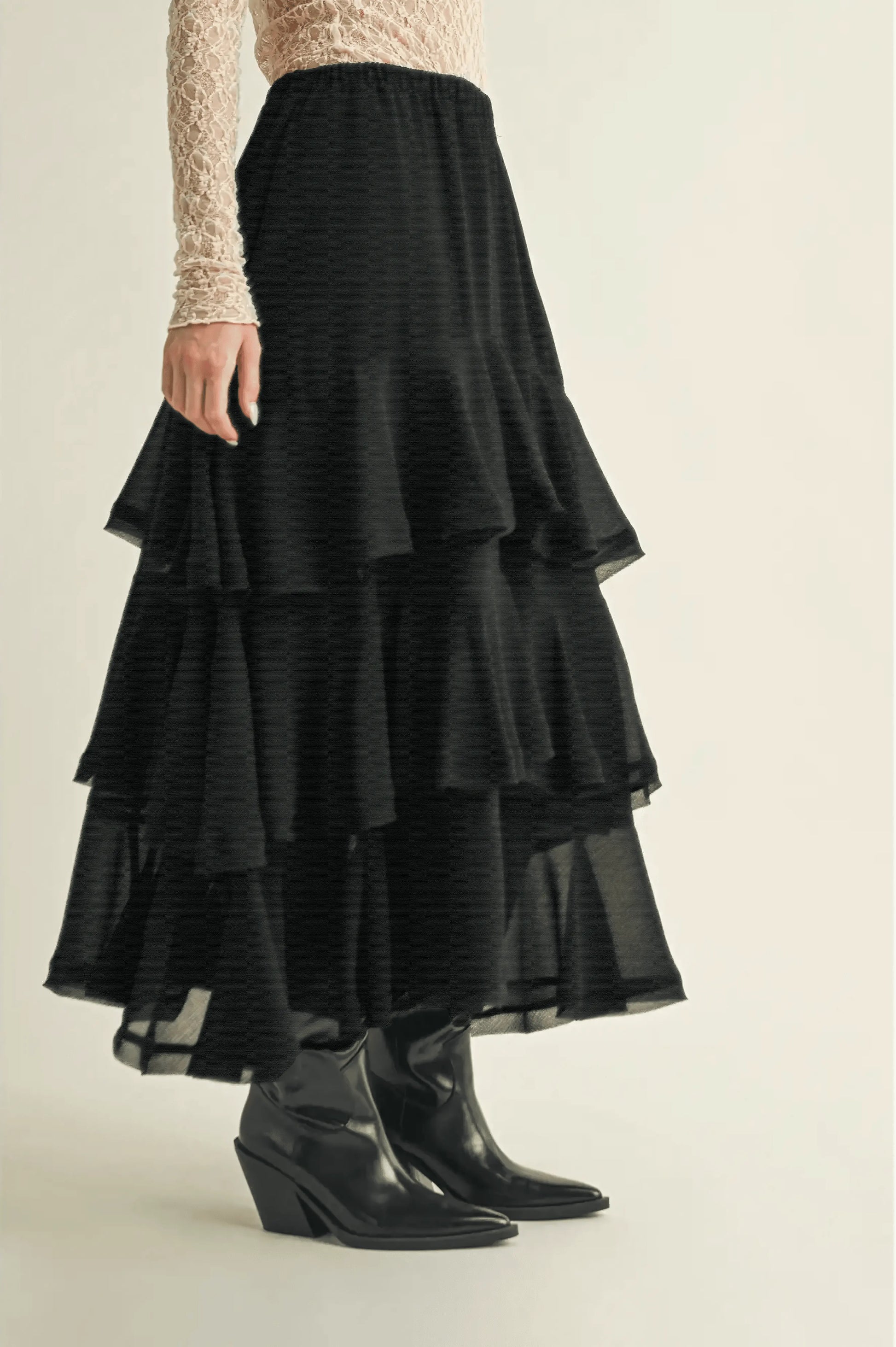Pull On Ruffle Tiered Black Skirt - IVORYNN