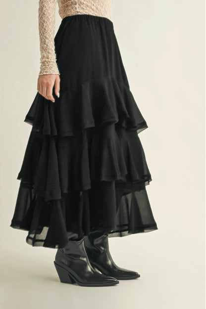 Pull On Ruffle Tiered Black Skirt - IVORYNN