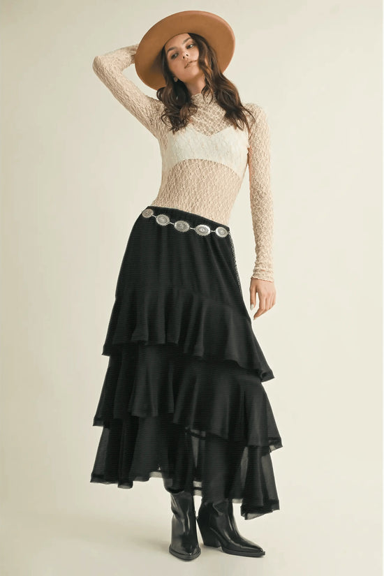 Pull On Ruffle Tiered Black Skirt - IVORYNN
