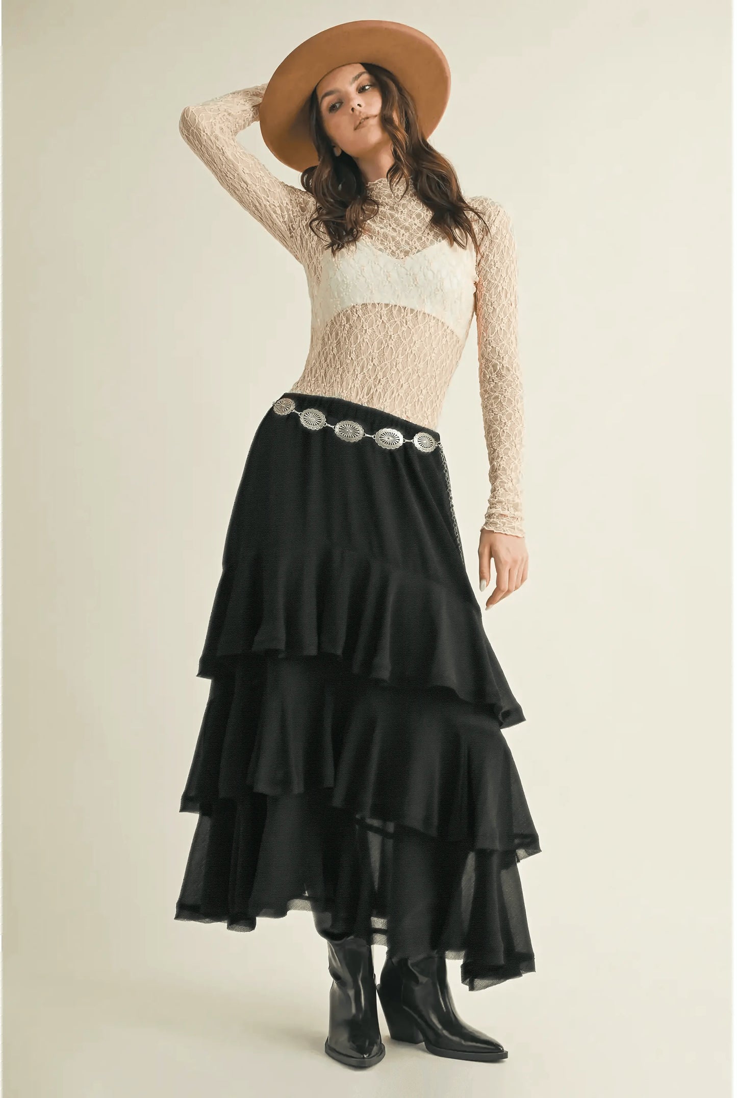 Pull On Ruffle Tiered Black Skirt - IVORYNN