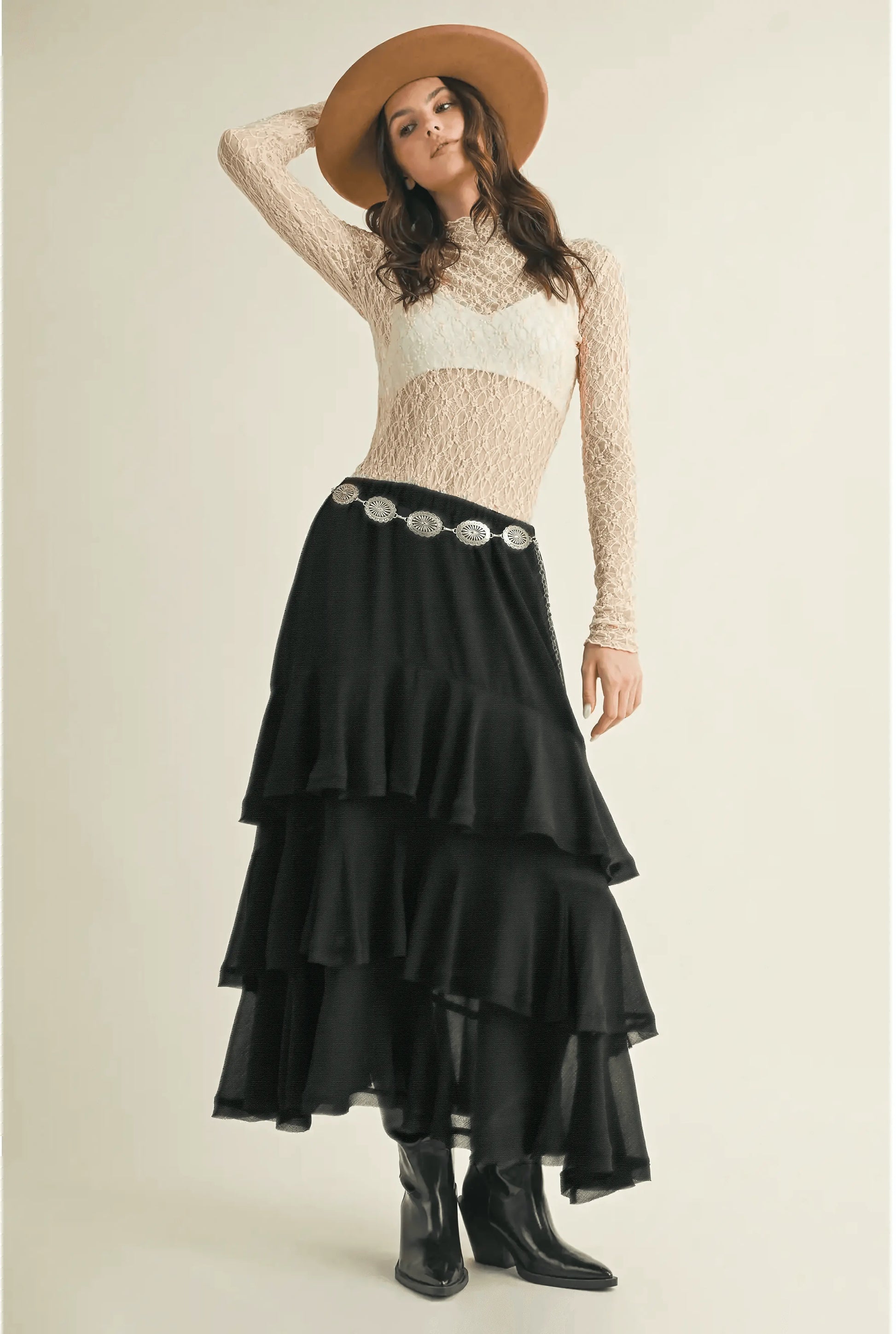 Pull On Ruffle Tiered Black Skirt - IVORYNN