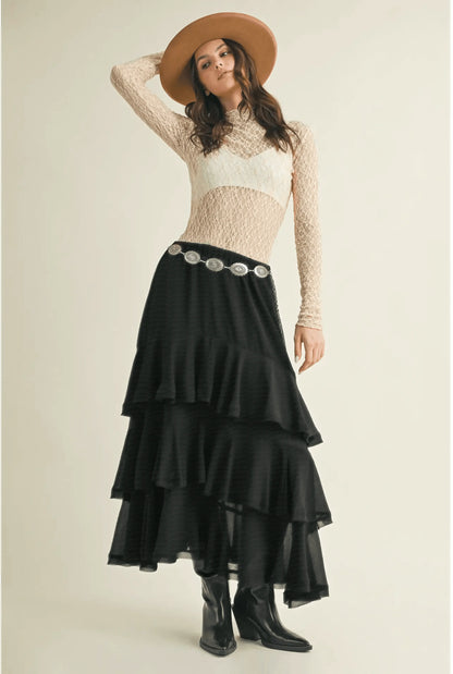 Pull On Ruffle Tiered Black Skirt - IVORYNN