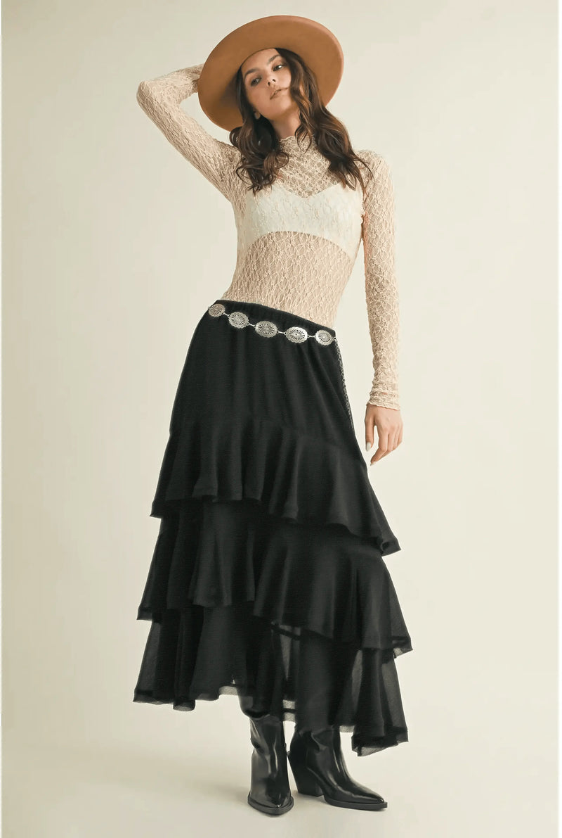 Pull On Ruffle Tiered Black Skirt - IVORYNN