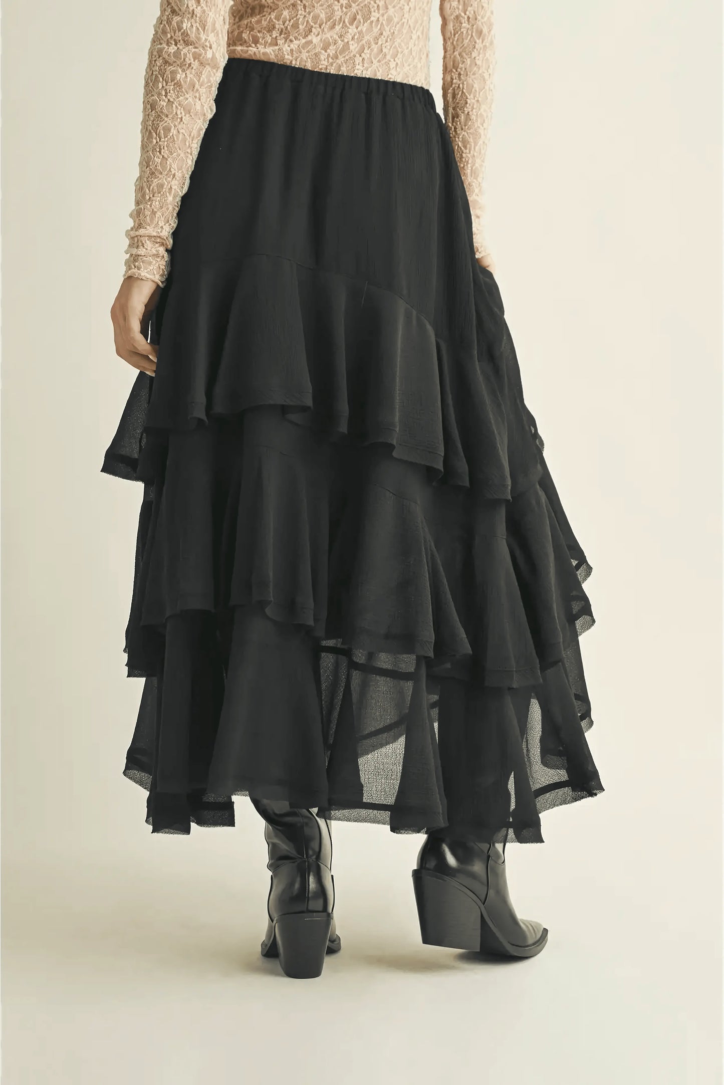 Pull On Ruffle Tiered Black Skirt - IVORYNN