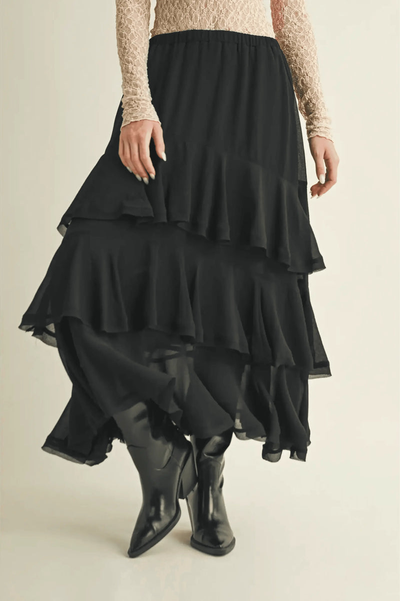 Pull On Ruffle Tiered Black Skirt - IVORYNN