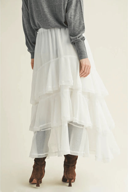 Pull On Ruffle Tiered White Skirt - IVORYNN