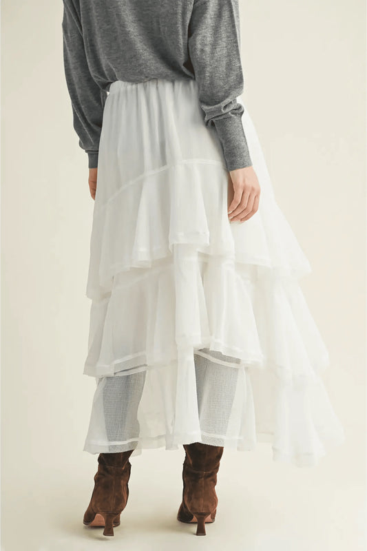 Pull On Ruffle Tiered White Skirt