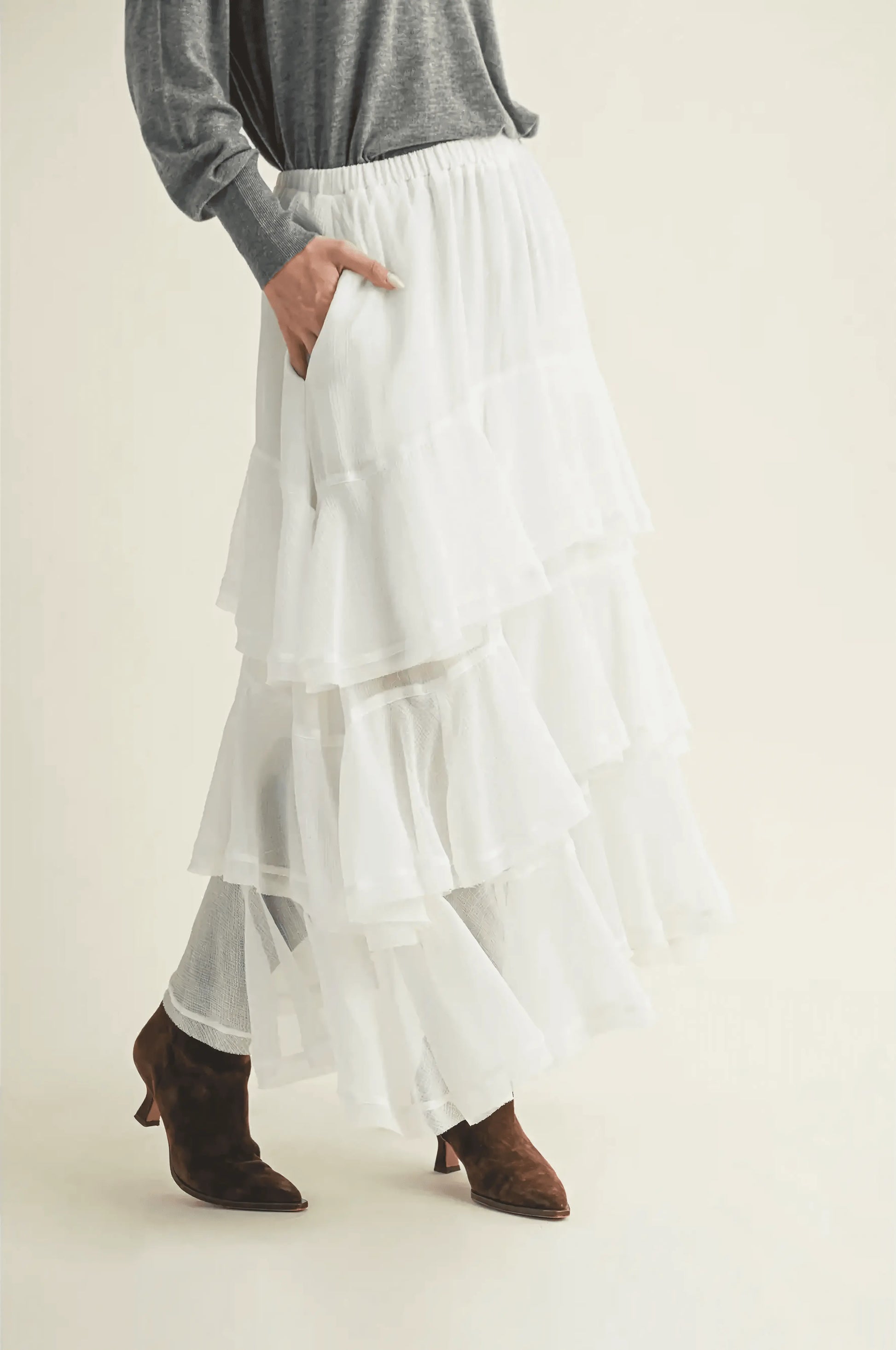 Pull On Ruffle Tiered White Skirt - IVORYNN