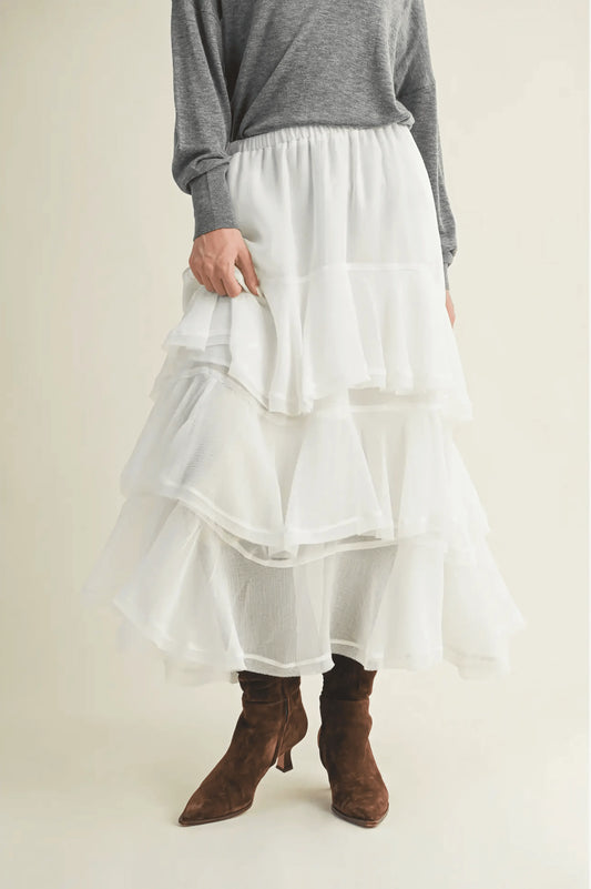 Pull On Ruffle Tiered White Skirt