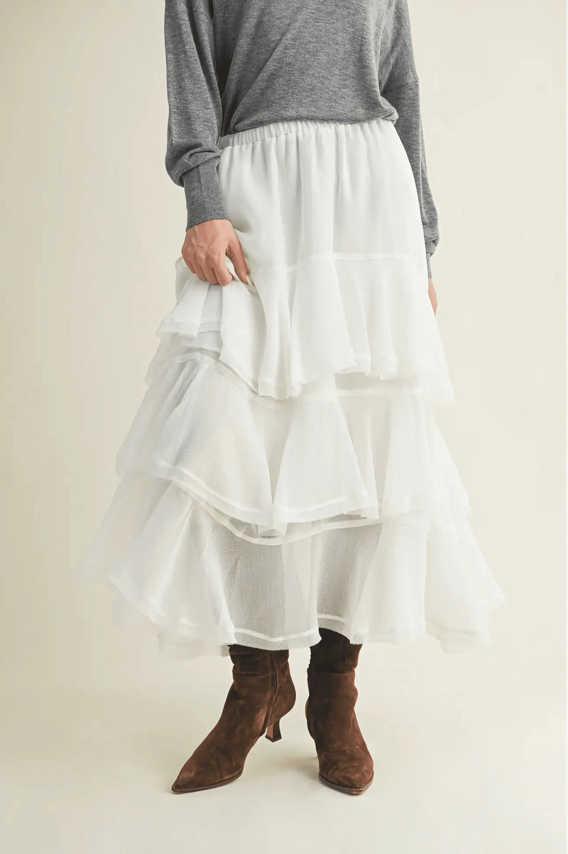 Pull On Ruffle Tiered White Skirt - IVORYNN