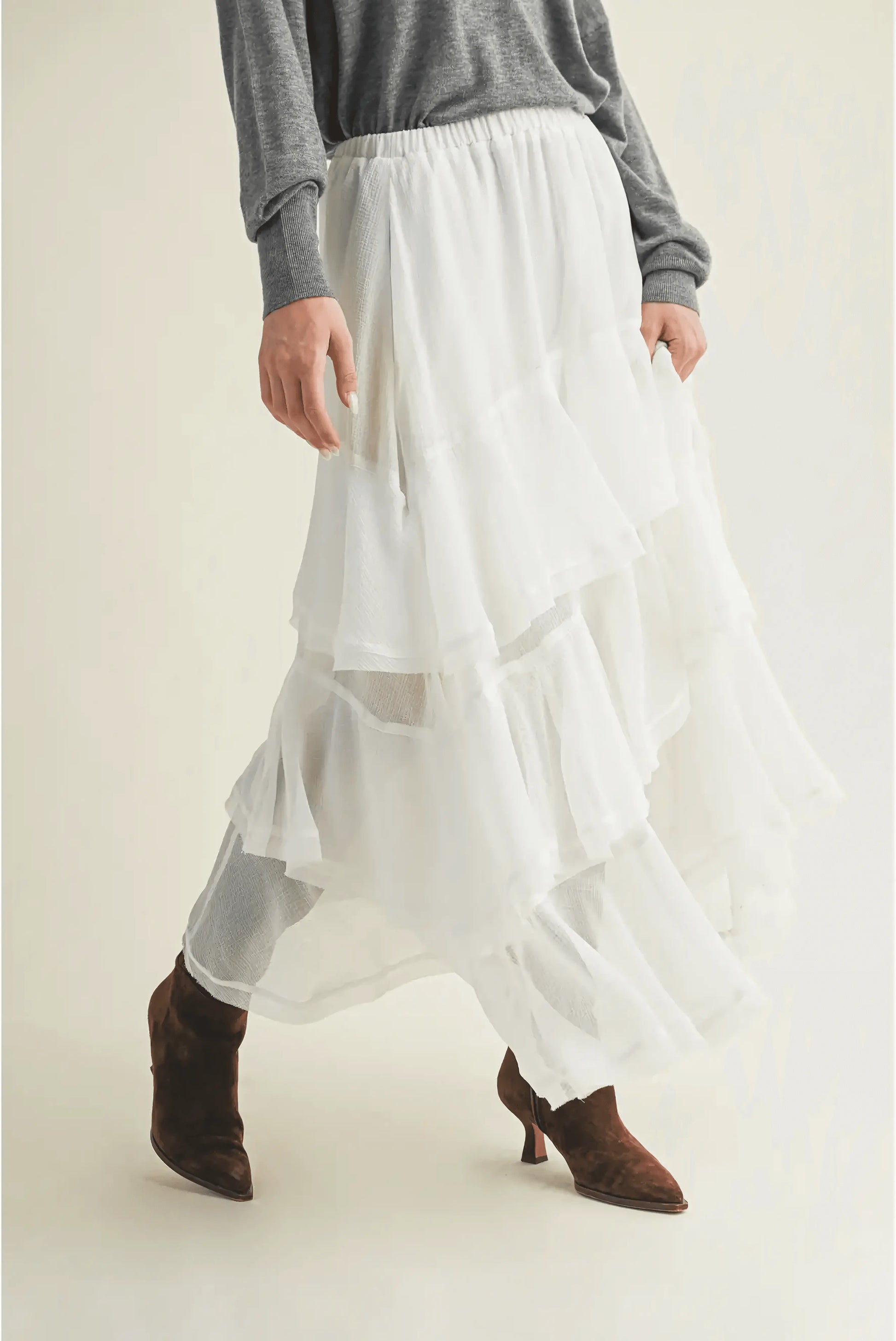 Pull On Ruffle Tiered White Skirt - IVORYNN