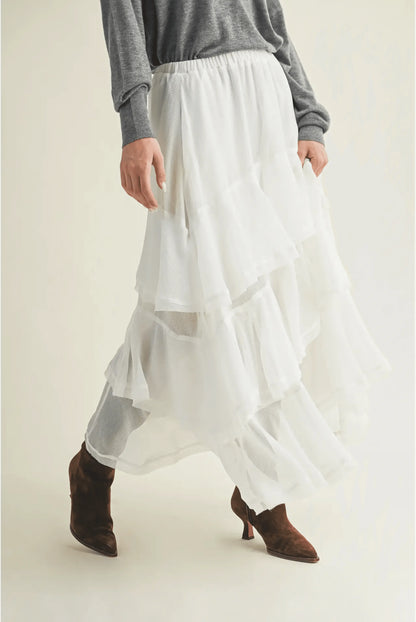 Pull On Ruffle Tiered White Skirt - IVORYNN