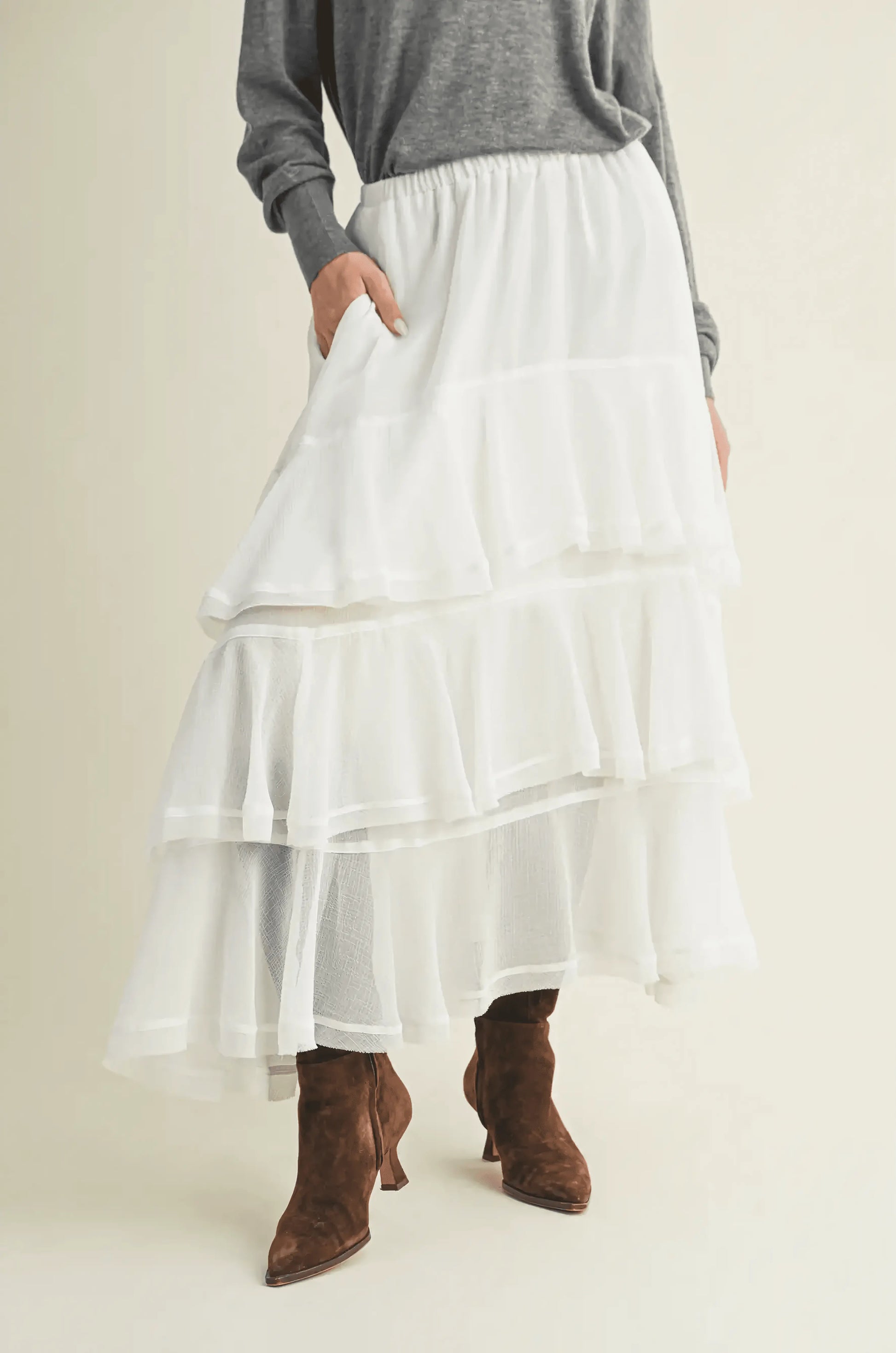 Pull On Ruffle Tiered White Skirt - IVORYNN