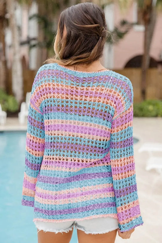 Purple Striped Hollow Knit Beach Top - IVORYNN