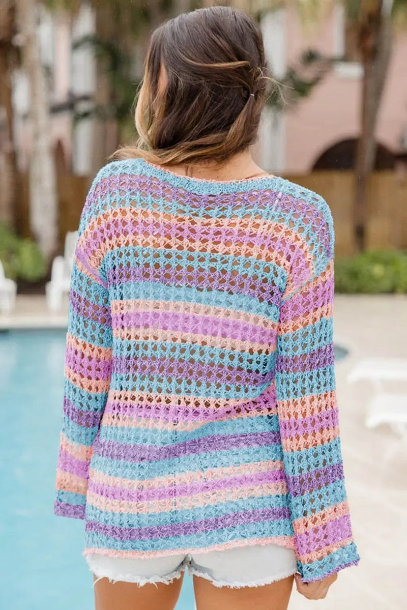 Purple Striped Hollow Knit Beach Top - IVORYNN