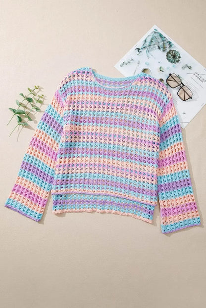 Purple Striped Hollow Knit Beach Top - IVORYNN