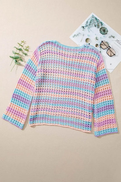 Purple Striped Hollow Knit Beach Top - IVORYNN