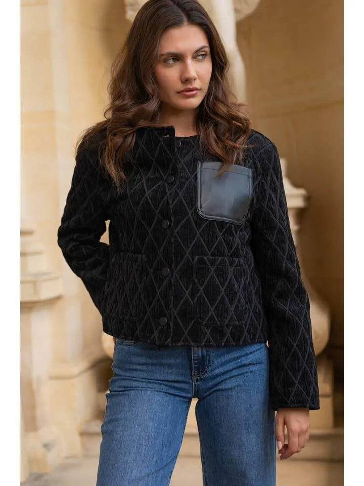 Quilted Velvet Black Jacket with Leather Pocket - IVORYNN