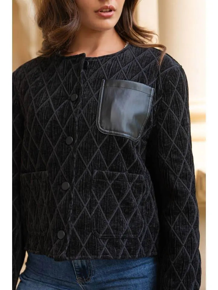 Quilted Velvet Black Jacket with Leather Pocket - IVORYNN