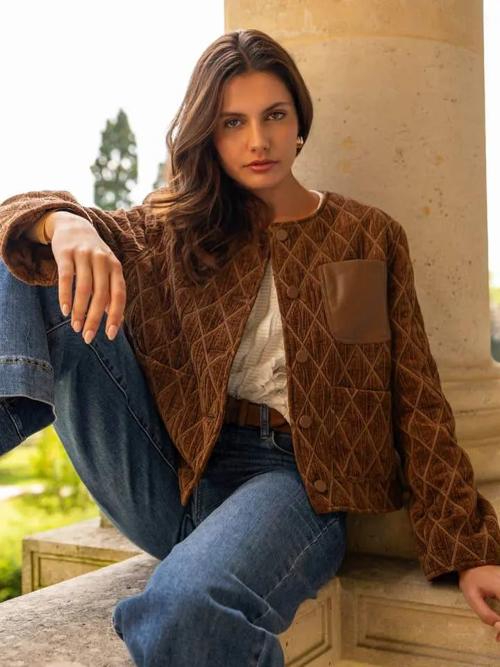 Quilted Velvet Camel Jacket with Leather Pocket - IVORYNN