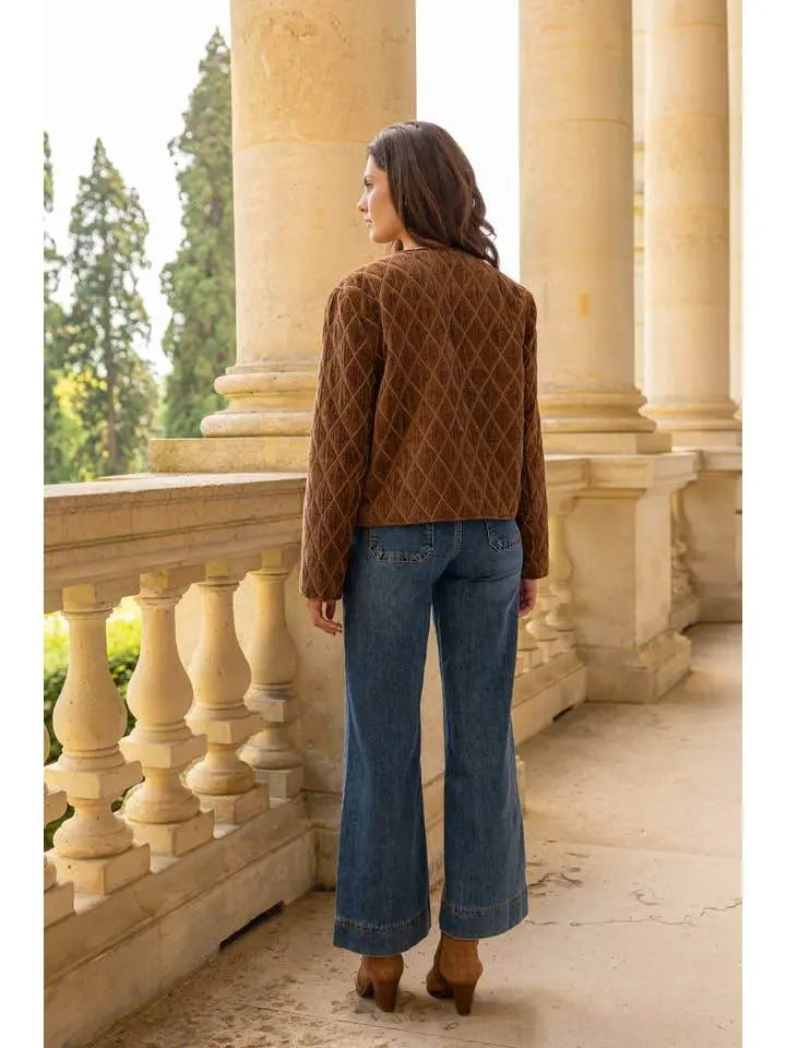 Quilted Velvet Camel Jacket with Leather Pocket - IVORYNN