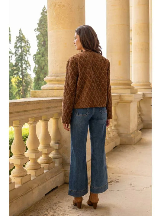 Quilted Velvet Camel Jacket with Leather Pocket
