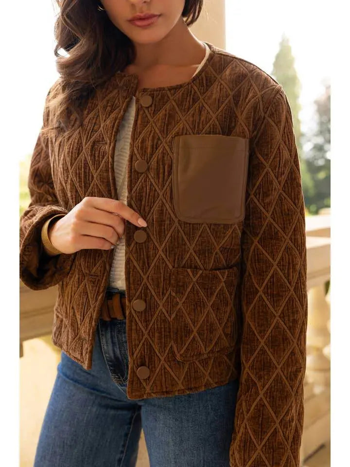 Quilted Velvet Camel Jacket with Leather Pocket - IVORYNN