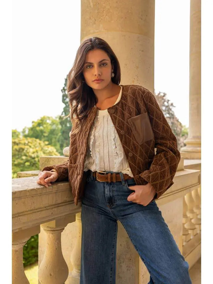 Quilted Velvet Camel Jacket with Leather Pocket - IVORYNN