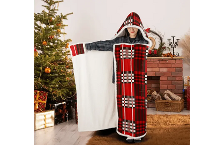 Red Velvet Plaid Very Warm Hooded Blanket - IVORYNN
