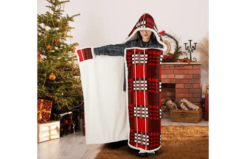 Red Velvet Plaid Very Warm Hooded Blanket - IVORYNN