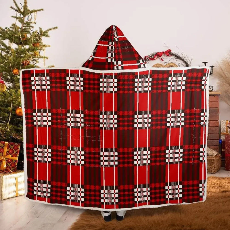 Red Velvet Plaid Very Warm Hooded Blanket - IVORYNN