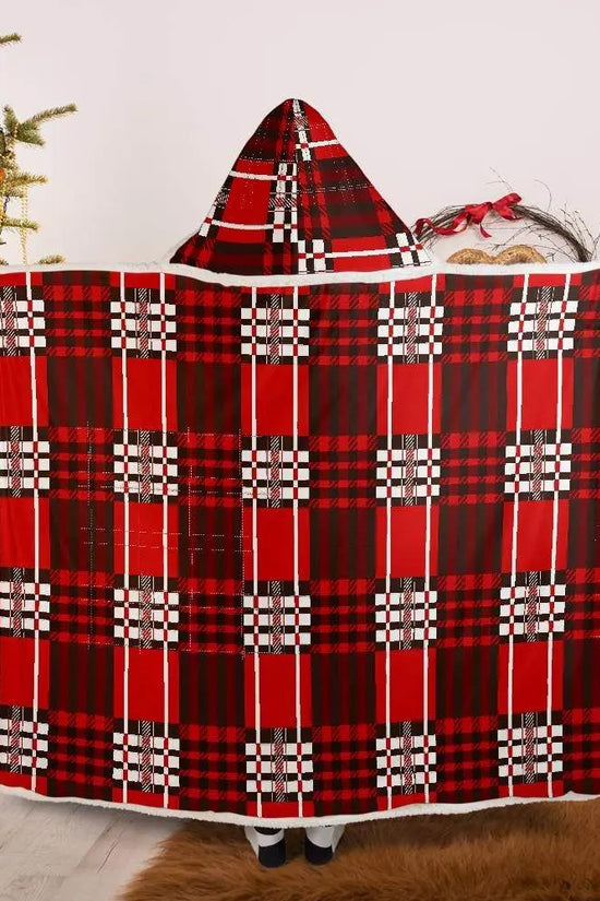 Red Velvet Plaid Very Warm Hooded Blanket - IVORYNN