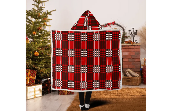 Red Velvet Plaid Very Warm Hooded Blanket - IVORYNN