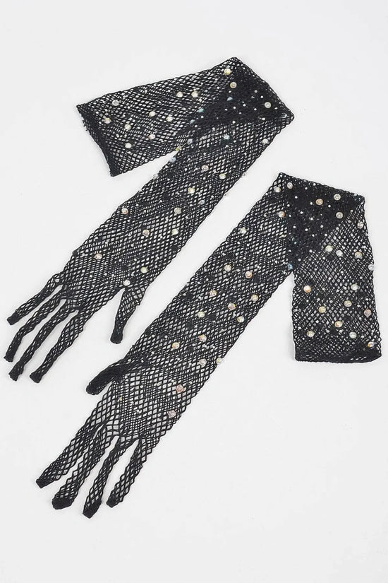 Rhinestone Mesh Long Gloves - IVORYNN