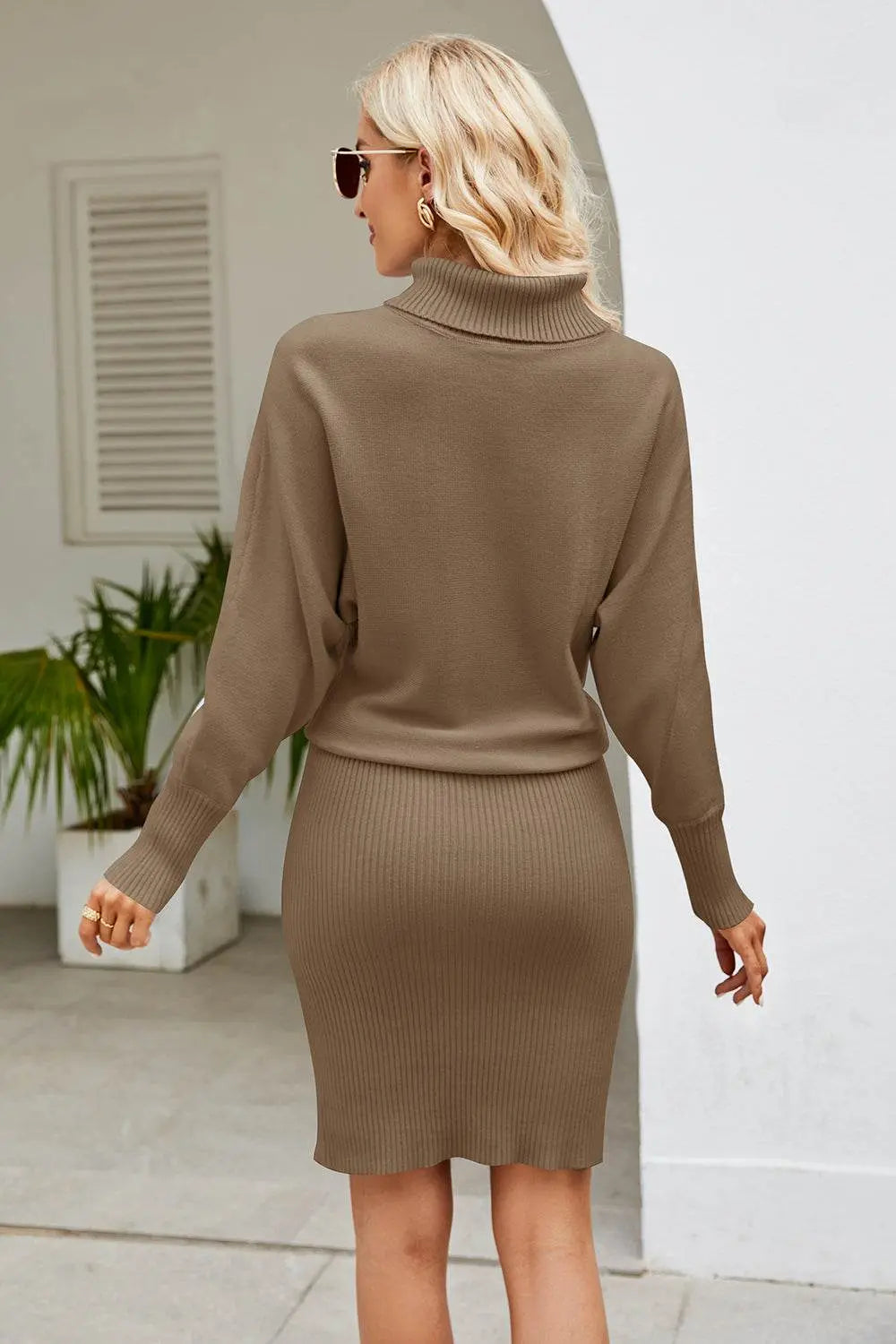 Ribbed Mock Neck Long Sleeve Dress - IVORYNN