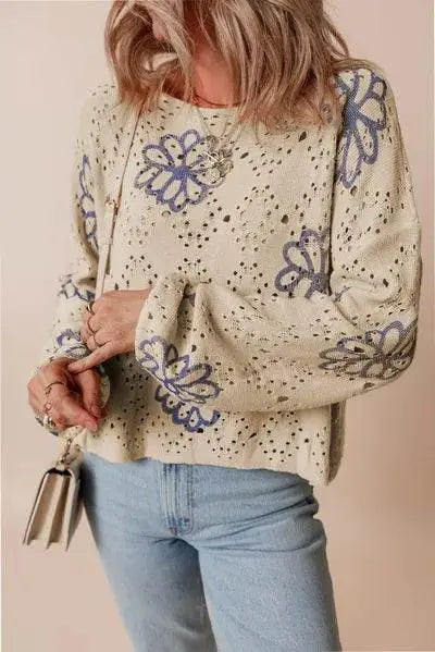 Round Neck Long Sleeve Knitted Sweatshirt - IVORYNN