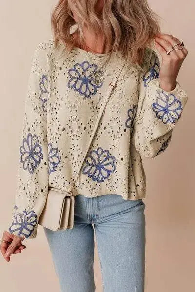Round Neck Long Sleeve Knitted Sweatshirt - IVORYNN
