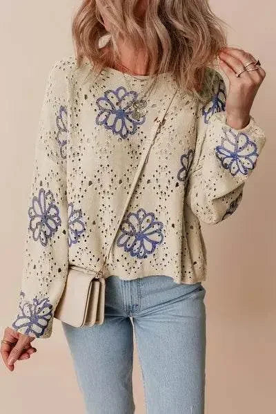 Round Neck Long Sleeve Knitted Sweatshirt - IVORYNN